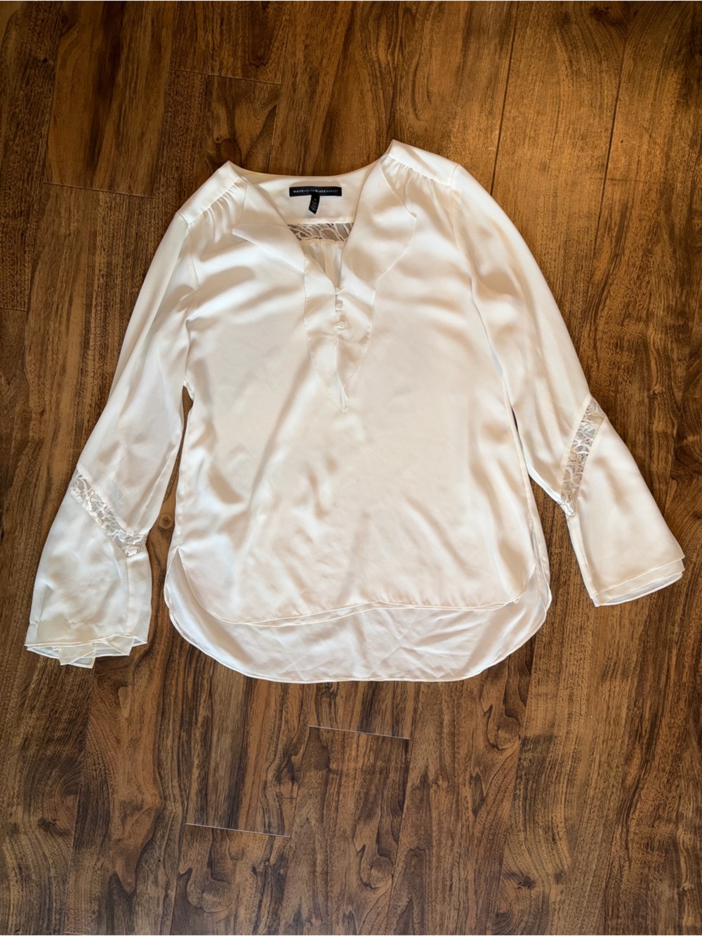 White House Black Market Ivory Lace-Trim Long Sleeve Blouse